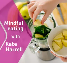 An image of a hand placing pineapple chunks in a blender along with some healthy greens. The text reads, "mindful eating with Kate Harrell."