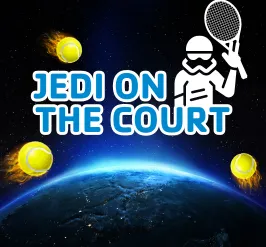 A scene viewing earth from space with some flaming tennis balls flying through the sky with a Jedi holding a tennis racquet. The words read, "Jedi on the court."