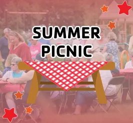 A photo from a previous summer picnic of participants chatting, laughing, & eating. There is an illustration of a picnic table over the image, with words that read, "summer picnic."