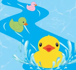 A cartoon illustration of 3 rubber ducks racing down a stream of water. 
