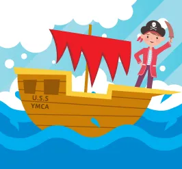 A cartoon illustration of a young boy wearing a pirate hat sailing the sea on a pirate ship.
