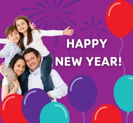 Two kids sitting on their parent's shoulders with colorful balloons around them. The text reads "happy new year!"