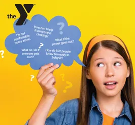 a tween girl with a thought bubble containing topics about babysitting, such as learning how to be safe at home.