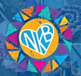 A series of colorful triangles surrounding a circle containing the letters "NKB." In the background there are photos of children swimming, and a birthday cake. 