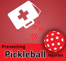 an open medical bag tipped over with pickleballs spilling out. The text reads, "preventing pickleball injuries."