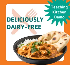 A photo of Indian butter chicken with Jasmine rice. The text reads, "deliciously dairy free."