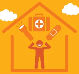 A child in a house with first aid kit supplies. 