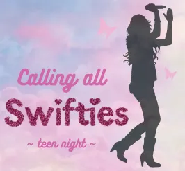 "calling all swifties!" with an outline of a pop star singing at a concert.