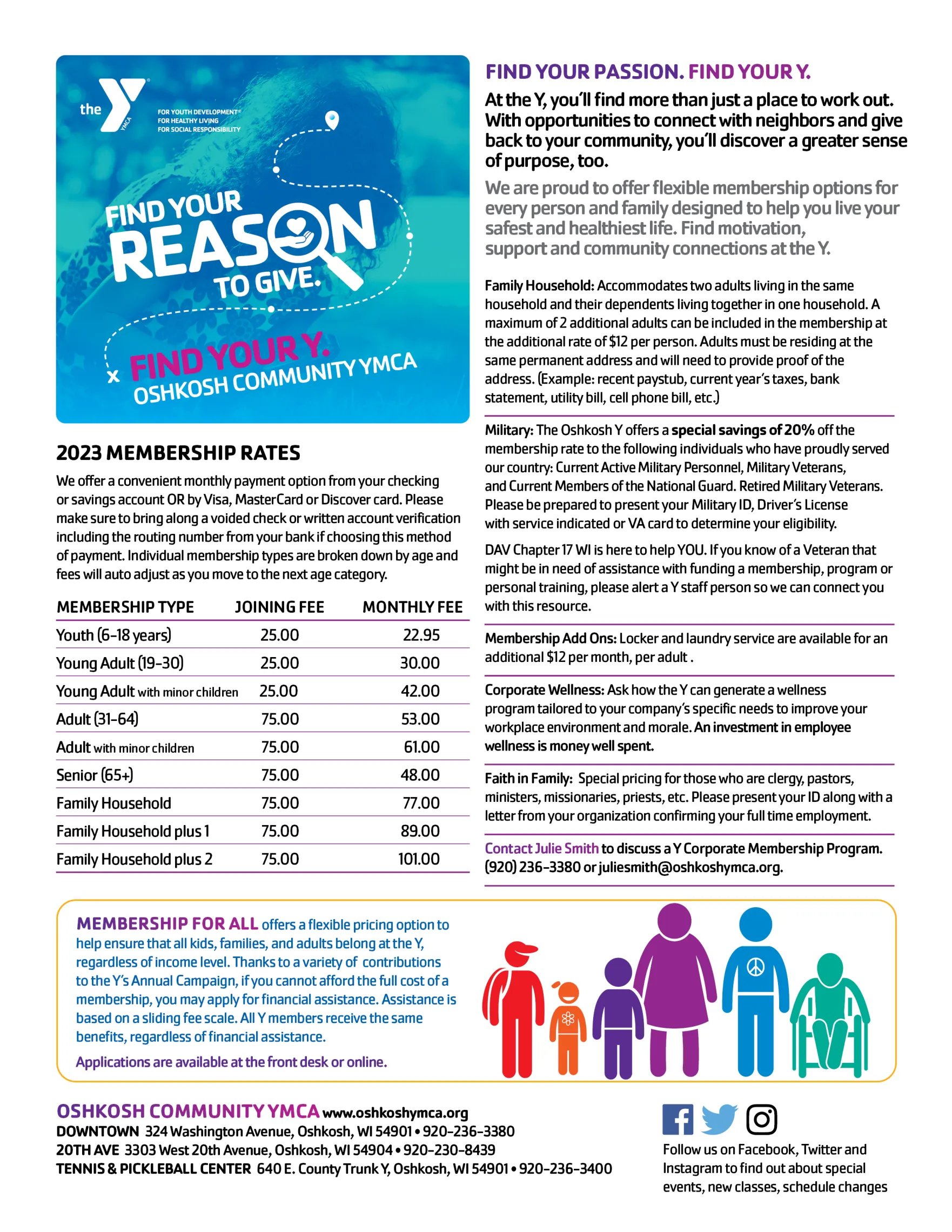 An image of the current membership rates at the Oshkosh YMCA. 