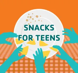 The hands of hungry teens reaching for a plate with chips on it.
