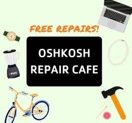 Free repairs! A hammer, buttons, bike, necklace, blender, laptop, and a watch.