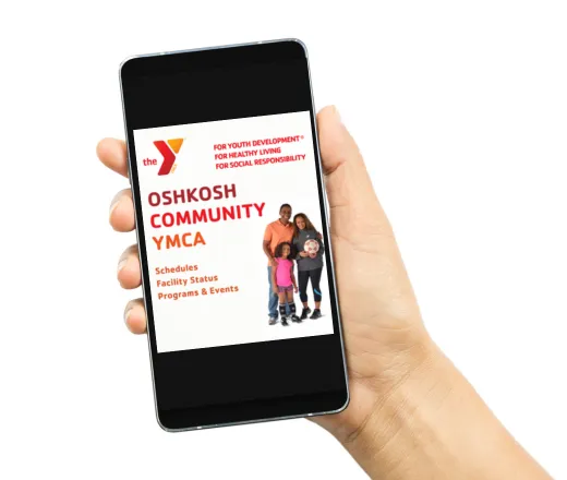 a hand holding a smartphone that shows the Oshkosh YMCA app on the screen