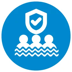 an illustration of 3 individuals floating in the water, with a checkmark symbol above them to indicate proficiency and safety. 