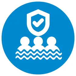 an illustration of 3 individuals floating in the water, with a checkmark symbol above them to indicate proficiency and safety.