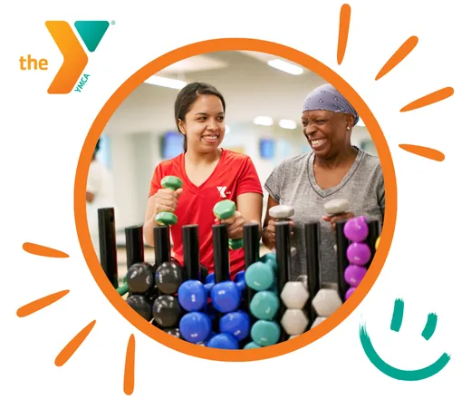 two women chatting by the weights.