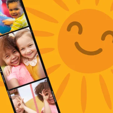A photo strip of toddlers playing together and playing with toys. 