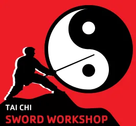 A yin yang sign, a martial artist with a sword. 