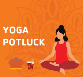 A woman sitting in a yoga pose, crockpot and drink.