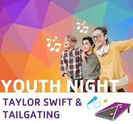 A group of kids singing, a cornhole board, and a microphone.