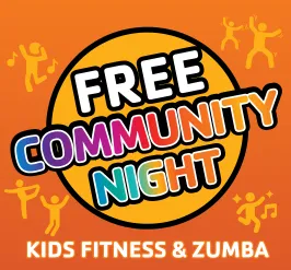 Free community night- kids fitness & zumba. Figures of children jumping & dancing.