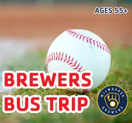 A baseball on a field. Brewers bus trip, ages 55+.