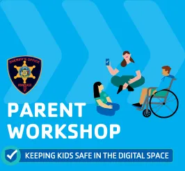 A group of kids using their phones. The Winnebago County Sheriff's Office badge.