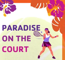 paradise on the court: a woman serving a tennis ball.