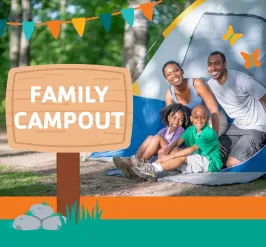 A happy family in a tent. 