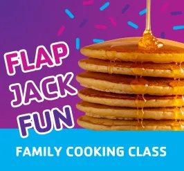 "Flap jack fun!" A stack of pancakes. 