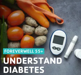 a blood glucose monitor and healthy vegetables.