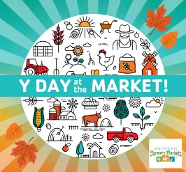 Y day at the market. A farmer, animals, and fresh food.