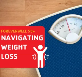 An image of a scale. "FOREVERWELL 55+, Navigating weight loss."