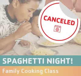 Two little boys eating spaghetti with their mom. Class canceled.