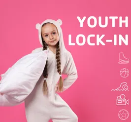 A girl wearing footie pajamas and holding a pillow, next to a set of icons depicting an ice skate, a basketball, a person swimming, a movie projector, and a soccer ball.