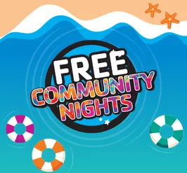 Free community nights. A beach with pool floaties.