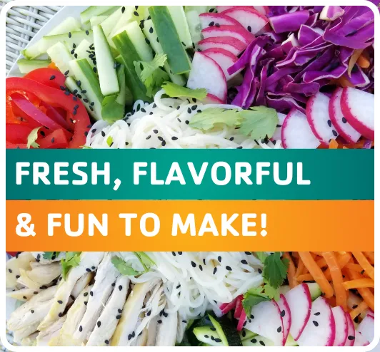 salad- carrots, radish, cucumber, tomato, and rice noodles.