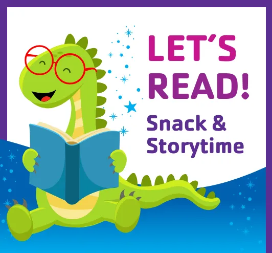A happy dinosaur reading a book.