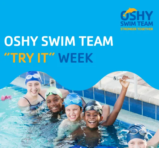 Oshy swim team try it week. A group of kids in the pool.