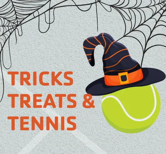 Tricks, treats, and tennis: a tennis ball wearing a witch hat.