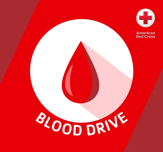 Blood drive. A red droplet and the American Red Cross logo.