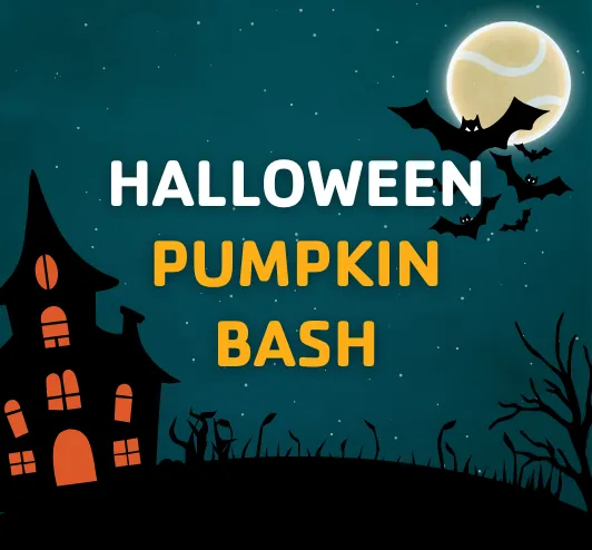 Halloween pumpkin bash. A haunted house and bats on a spooky night.