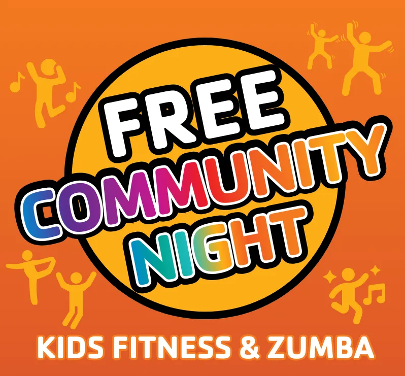 Free community night- kids fitness &amp; zumba. Figures of children jumping &amp; dancing.