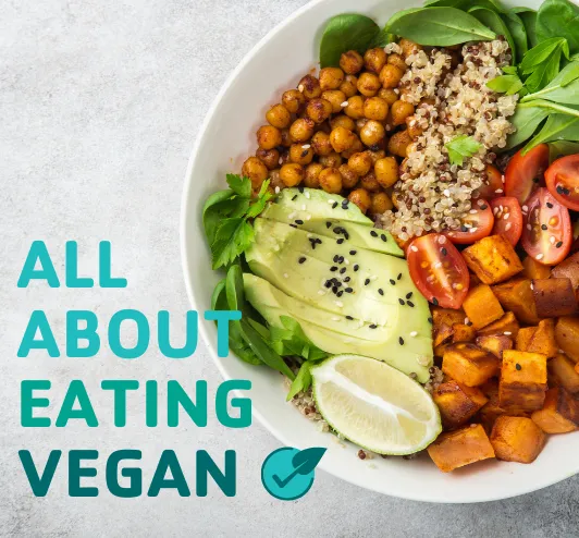 A bowl of chickpeas, quinoa, sweet potatoes, and veggies.