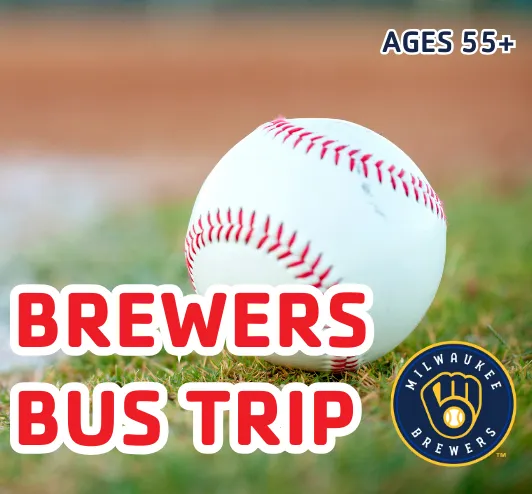 A baseball on a field. Brewers bus trip, ages 55+.