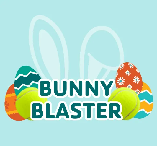 Bunny blaster: bunny ears, tennis balls, and easter eggs.