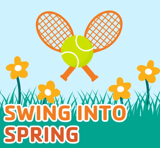 Swing into spring: tennis equipment and flowers.