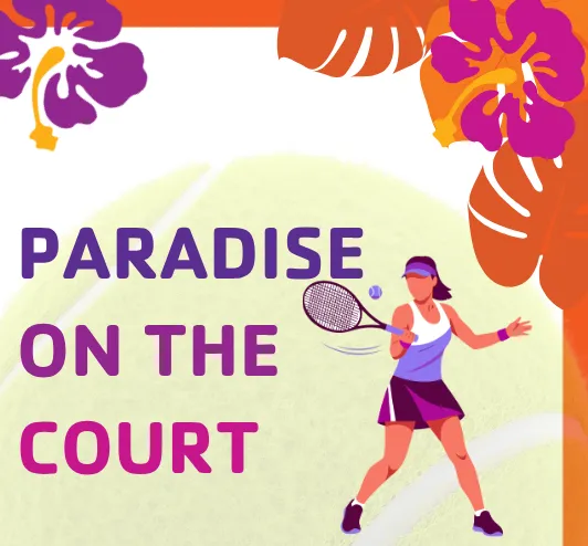 paradise on the court: a woman serving a tennis ball.