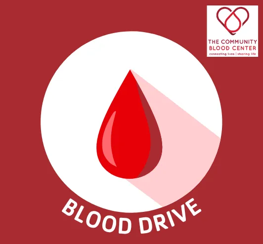 Blood drive. A red droplet and the Community Blood Center logo.