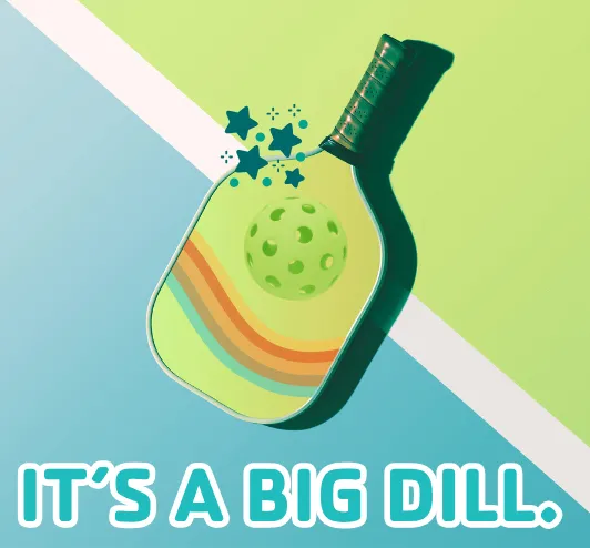 A ball and paddle on the court. Pickleball: it's a big dill.