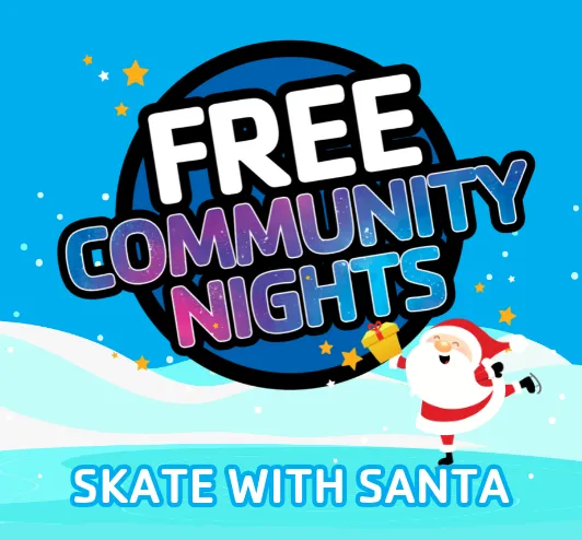 Santa ice skating with a present.